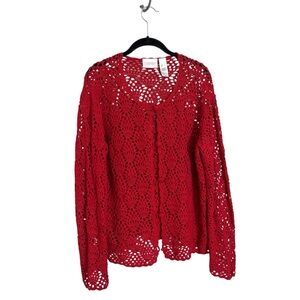 Liz Claiborne vintage red open knit crochet cardigan sweater buttons holiday L